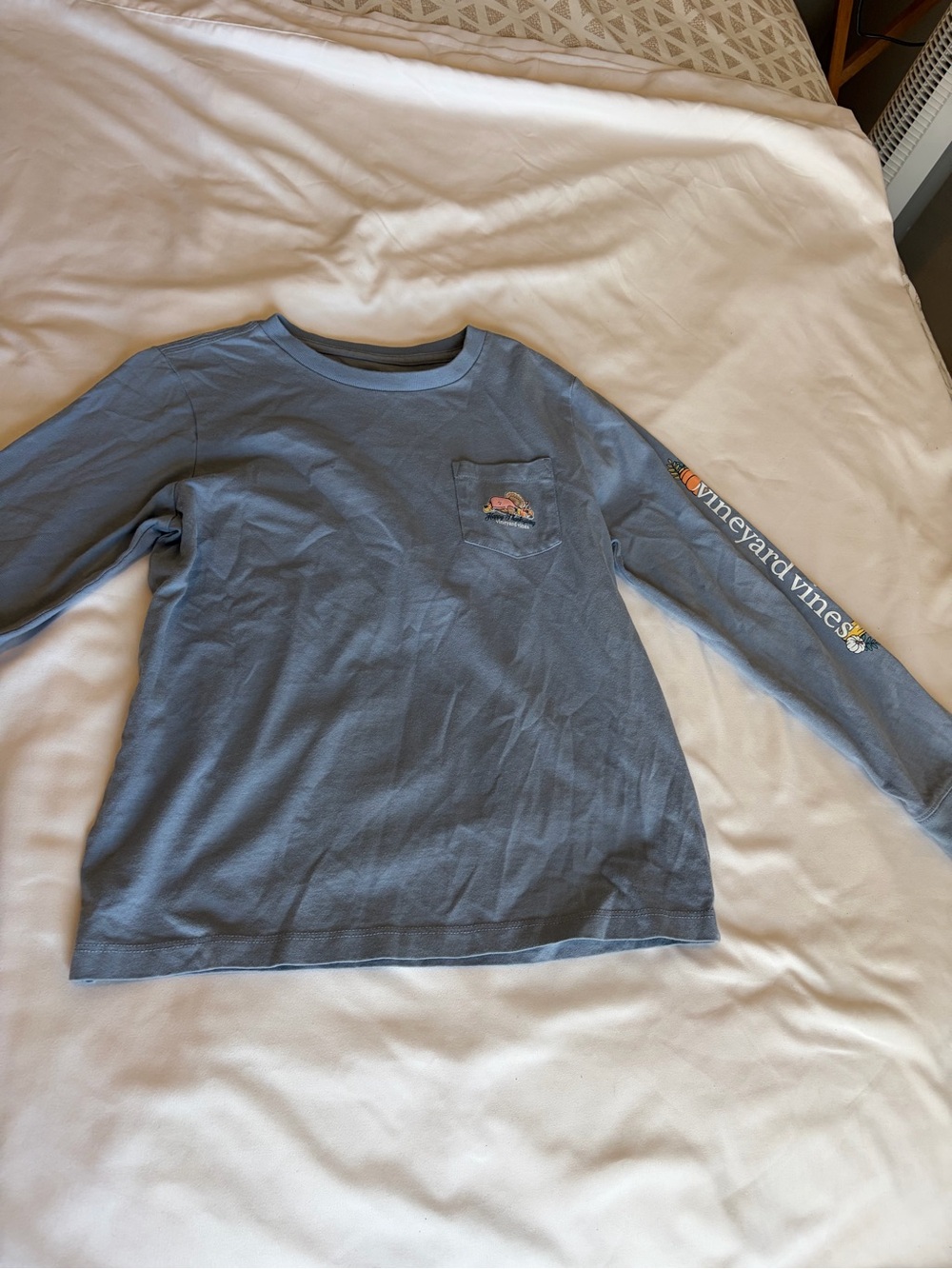 Vineyard Vines Kids Long-Sleeve TeeThankgiving in Dusty Blue with Pocket Graphic